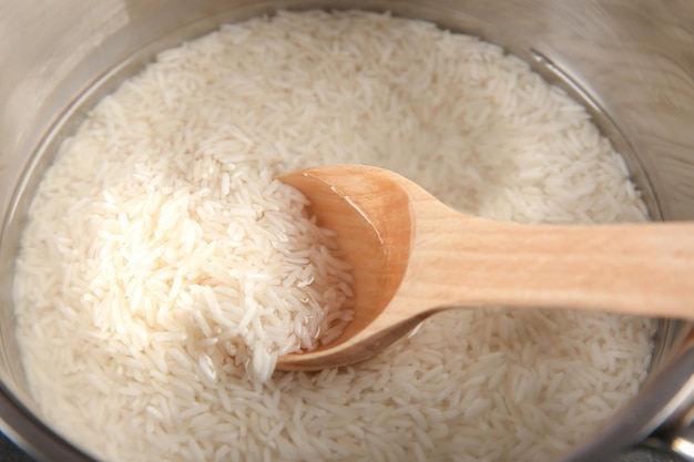 Rice in saucepan closeup