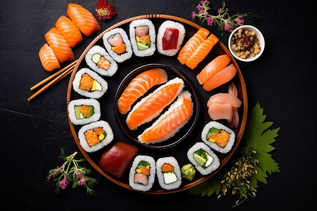 Ролл из риса, морепродуктов, азиатских свежих суши, здоровой японской еды, рыбы, генеративный ИИ.