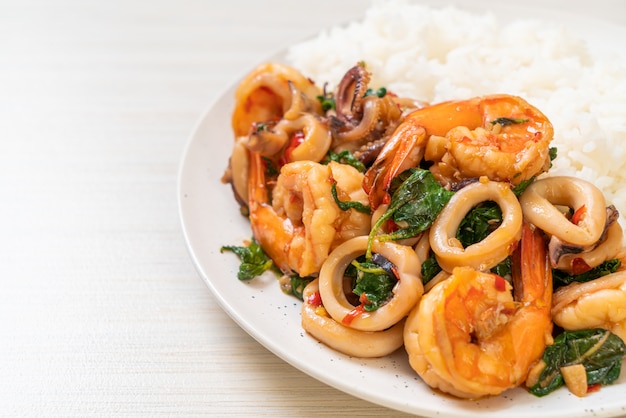 rice and stir-fried seafood with Thai basil