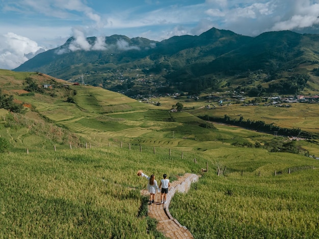 Rice terraces agricultural fields in countryside Sapa Vietnam mountain hills valley on summer in travel trip and holidays vacation concept