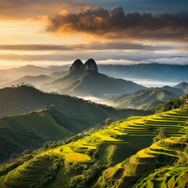 Photo rice terraces at sunset