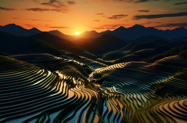 rice terraces in vietnam in the sunset