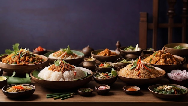 Rice Thai dishes on a wooden table From curries to stirfries capture the delicious harmony from a