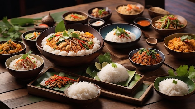 Rice Thai dishes on a wooden table From curries to stirfries capture the delicious harmony from a