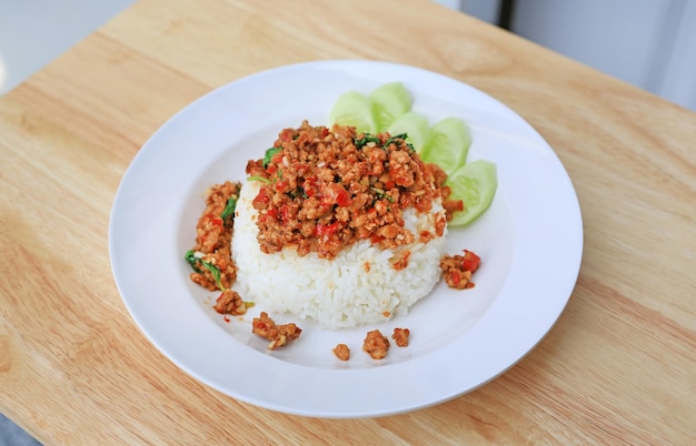 Rice topped with Minced pork and basil leaf Thai food