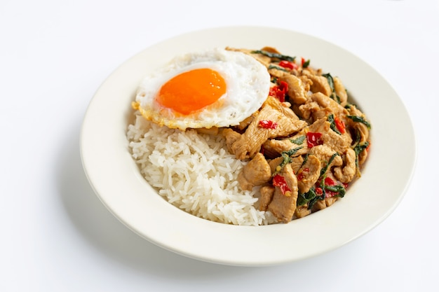 Rice topped with stir-fried chicken and holy basil, fried egg