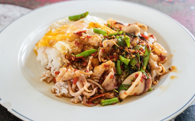 Rice topped with stir-fried  squid and basil