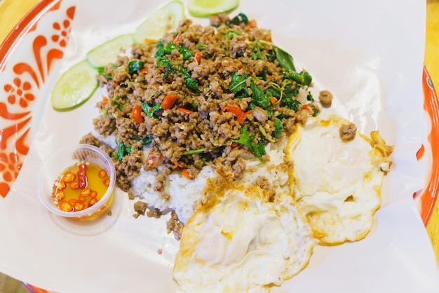 バジルの炒め物に豚ひき肉と目玉焼きを添えたご飯 クラポウ タッド