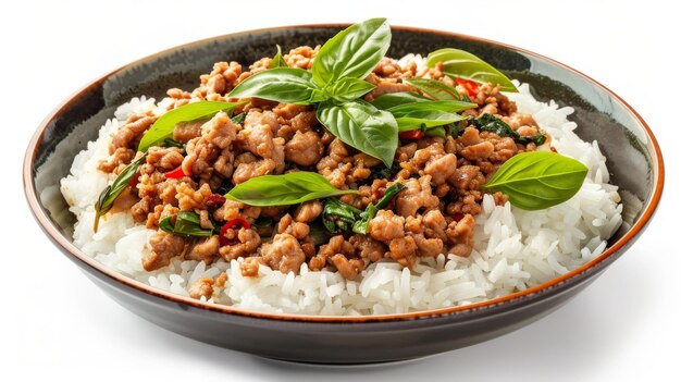 Rice topped with stirfried pork and basil