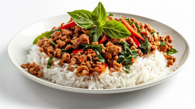 Rice topped with stirfried pork and basil