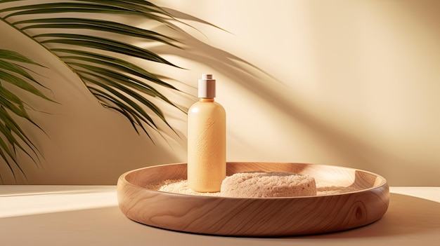 rice and an unbranded bottle of shower gel elegantly displayed on a round wooden tray a beige background with a leaf shadow creating an exquisite space suitable for cosmetic advertising