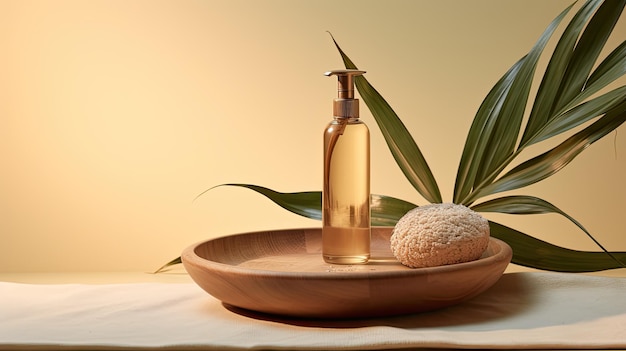 rice and an unbranded bottle of shower gel elegantly displayed on a round wooden tray a beige background with a leaf shadow creating an exquisite space suitable for cosmetic advertising