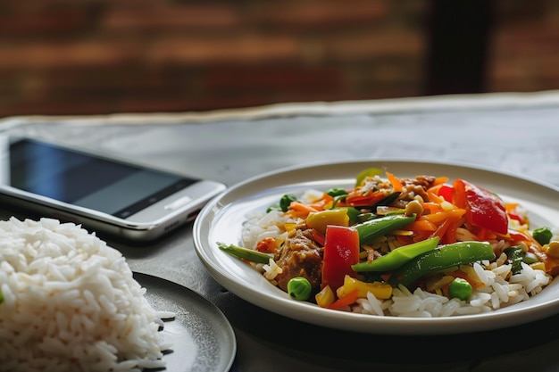 Rice and veggies beside a smartphone on silent mode