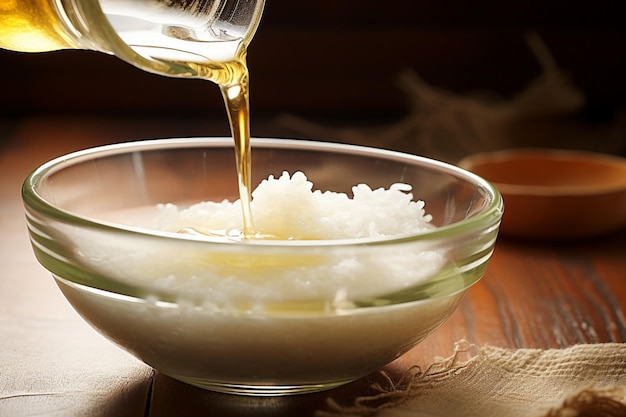 Rice vinegar being poured into a bowl