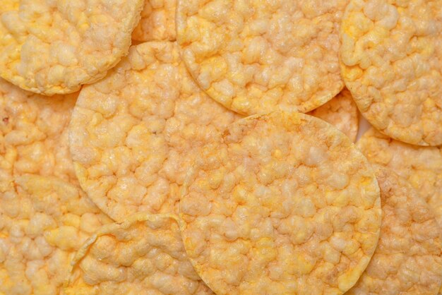 Rice wafers background, top view.