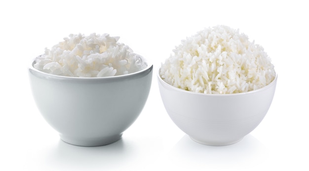 Rice in white bowl on white background