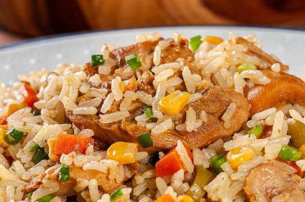 Rice with chicken, typical Brazilian food - Galinhada.  Selective focus