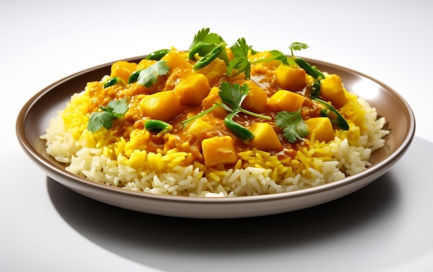 Rice with curry on white background AKI