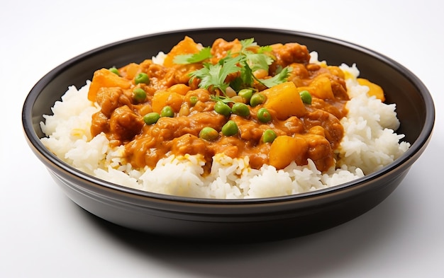 Rice with curry on white background AKI