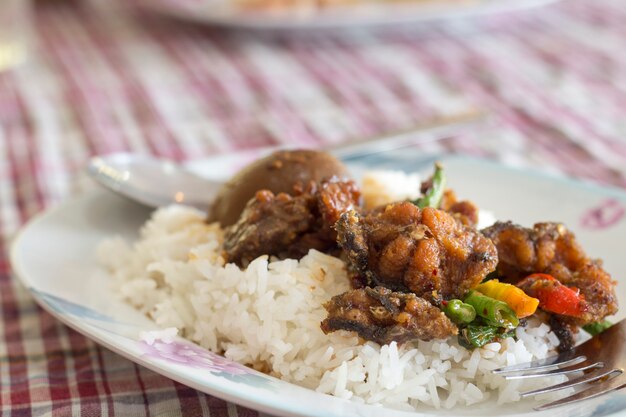 Rice with eggs and pork in brown sauce