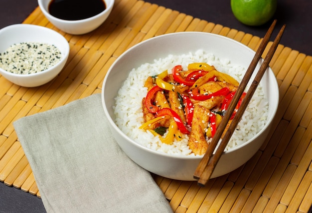 Rice with fried chicken, pepper and sesame. Asian food.