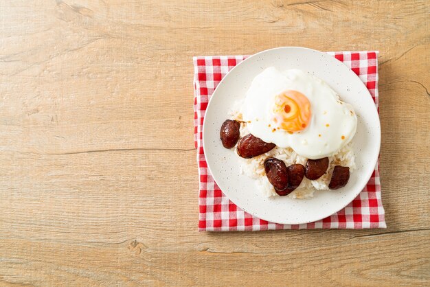 rice with fried egg and Chinese sausage