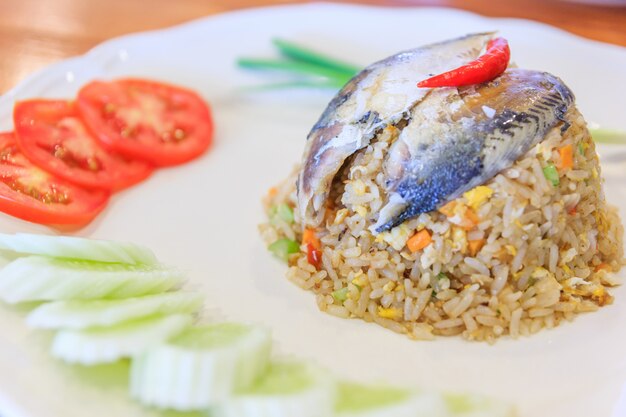 Rice with fried mackerel and vetgetable, original thai food