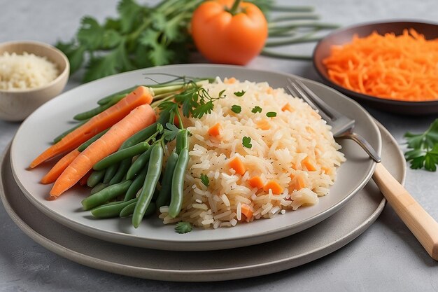 Фото Рис с зелеными бобами и морковью на тарелке возле вилки