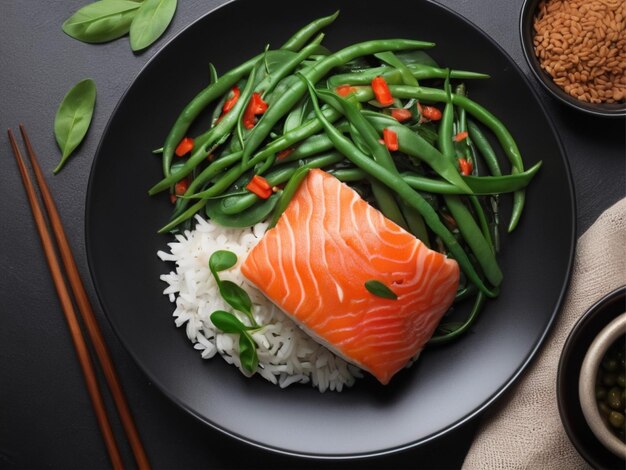 Rice with red fish green beans and spinach in a black plate Diet Top view Free space for text