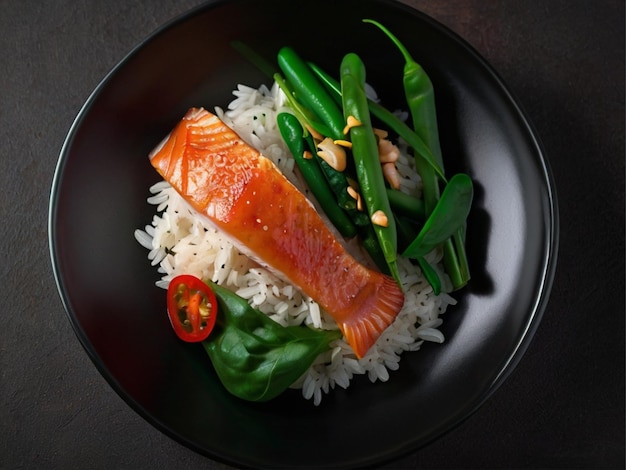 Rice with red fish green beans and spinach in a black plate Diet Top view Free space for text