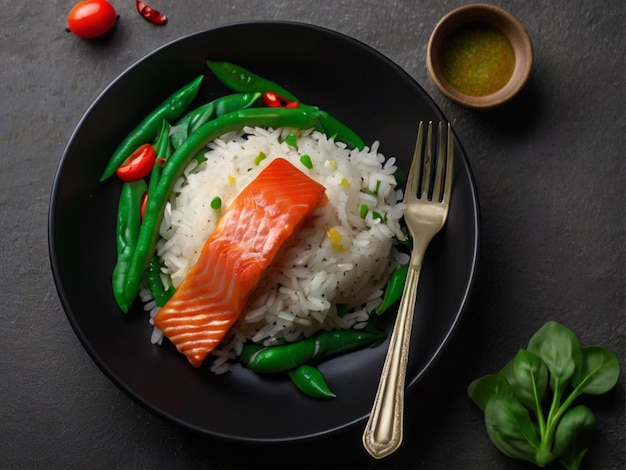 Рис с красной рыбой, зелеными бобами и шпинатом на черной тарелке Диета Верхний вид Свободное место для текста