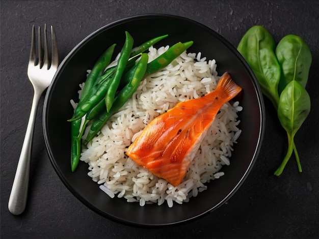 Photo rice with red fish green beans and spinach in a black plate diet top view free space for text