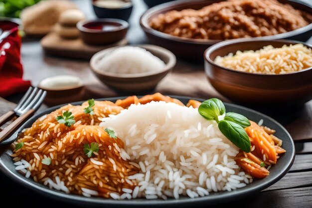 Rice with rice and rice on a table