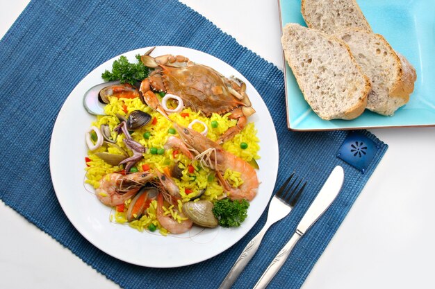 Rice with seafood "Paella" Mediterranean close-up, view from above.