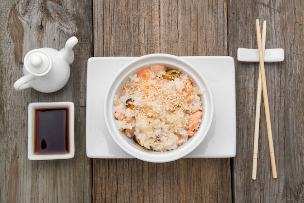 Rice with seafood and sesame, traditional Japanese food