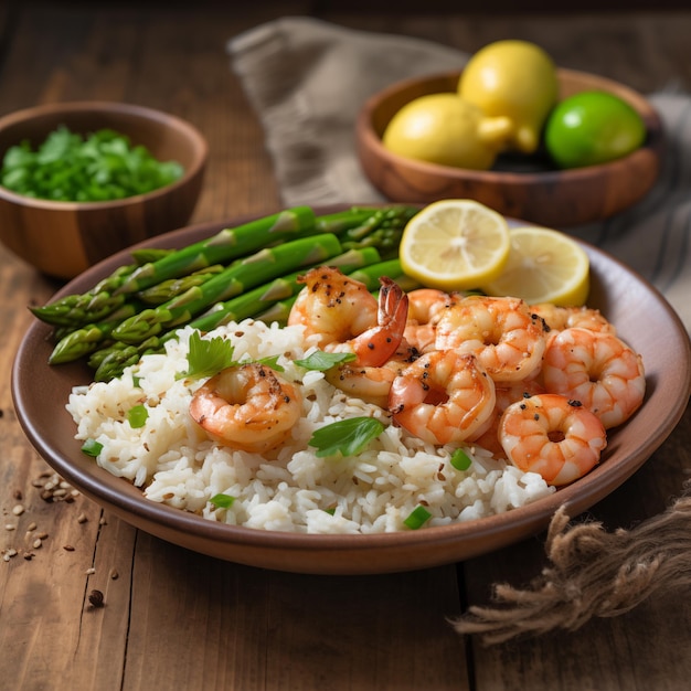 Photo rice with shrimp and asparagus in plate generative ai