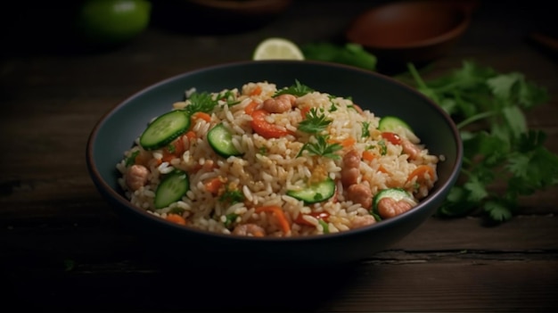 Rice with shrimp cucumber and tomato on black backgroundgenerative ai