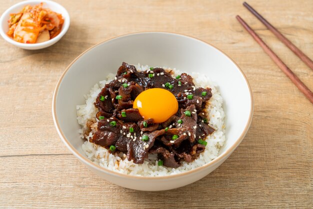 Rice with Soy-Flavoured Pork or Japanese Pork Donburi bowl - Asian food style