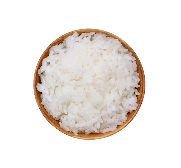Rice in wooden bowl on white