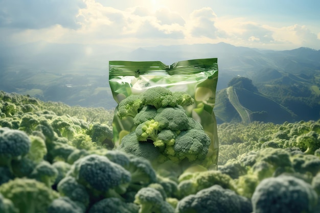 Foto broccoli arriccati in pacchetto con scena di campi di broccoli ai generativa