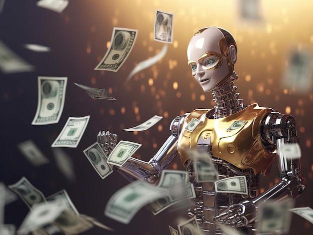 rich ai robot with lots of money future robot jobs ai employee cash and dollar ai generative