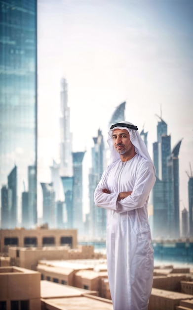 Rich arab businessman in Traditional White Outfit in big city in background generative AI