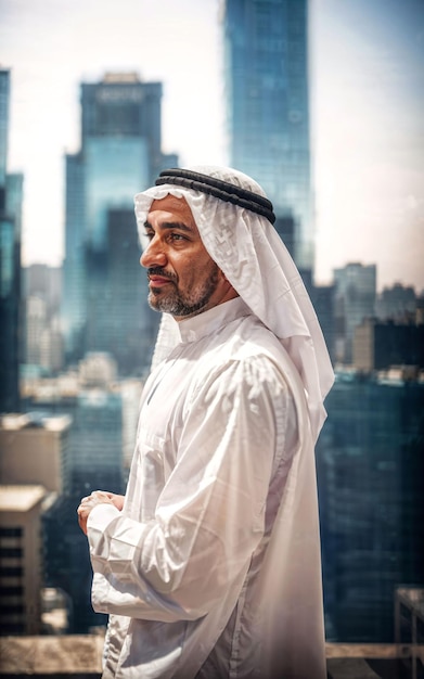 Богатый арабский бизнесмен в традиционном белом наряде в большом городе в фоновом генеративном ИИ