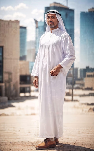 Rich arab businessman in Traditional White Outfit in big city in background generative AI