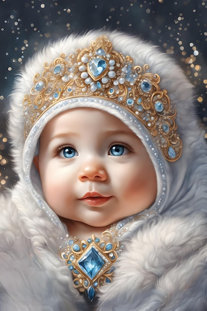 고급스러운 모피 코트 다이아몬드와 황금 왕관을 쓴 부자 아기