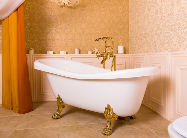 Rich bath with roll-tops in the form of animal paws and gold faucet in the bathroom. Luxury sanitary equipment