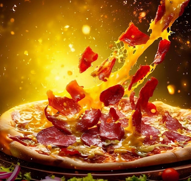 Rich Beef Cheesy Pizza Floating With Explode Sparkling Fire Background