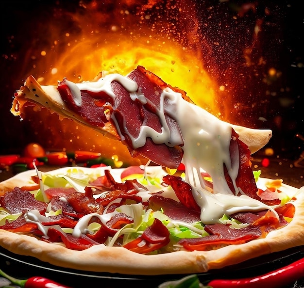 Rich Beef Cheesy Pizza Floating With Explode Sparkling Fire Background