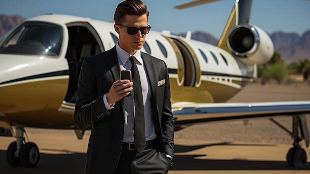 Фото Богатый миллиардер, молодой красивый мужчина на сиденье в своем частном самолете, глядя из окна самолета.