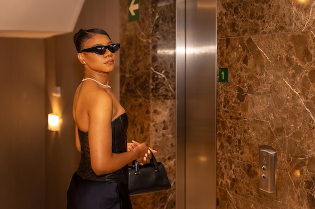 Rich black ethnic woman taking the hotel elevator luxury concept